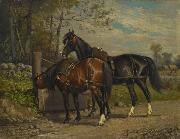 unknow artist Two Horses at a Wayside Trough oil painting reproduction